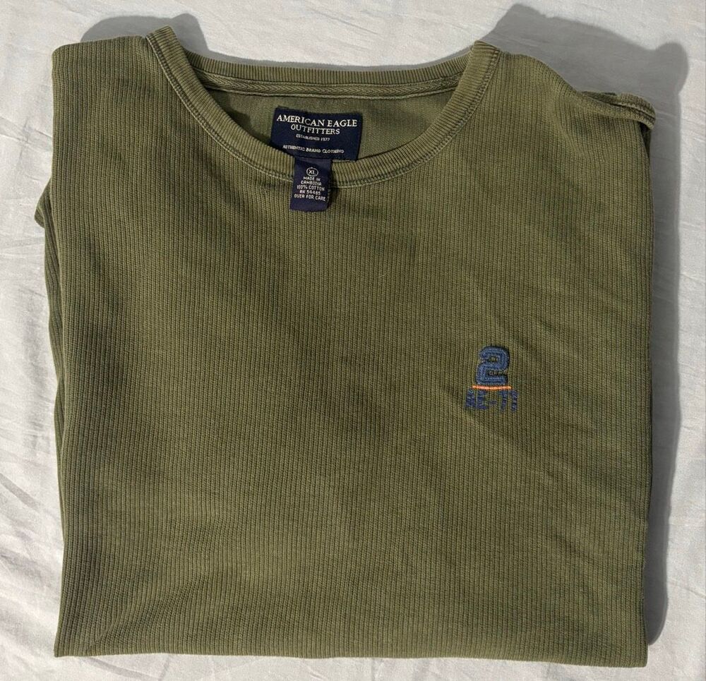 Mens AMERICAN EAGLE AEO Soft Ribbed Olive Green Tee T Shirt Size XL Cotton